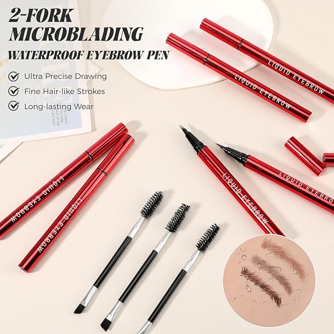 2PCS Microblading Eyebrow Pencils for Women with Eyebrow Brush, Waterproof & Lasts all Day & Highly Pigmented, 2-Fork Tip Precisely and Easily Create Natural Eye-brow Color Faux Brow (Light Brown)
