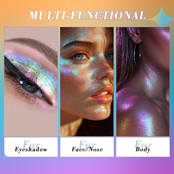 Half Magic Glitter Eyeshadow, Multi Glitter chameleon eyeshadow, 3 Color Gold-Blue-Purple Iridescent Holographic Cream Eye Shadow, #06