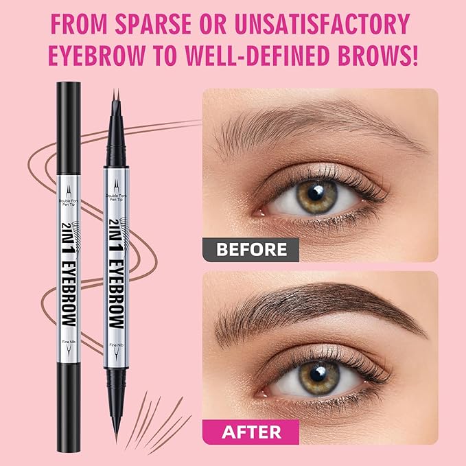 2 Pack Hair Like Eyebrow Pen Set, Long-Lasting Microblading Eye Brow Pencil for Natural Brows, 2-IN-1 Beginners & Daily Use Eyebrow Pencils for Women, Waterproof & Smudge-Proof Brow Tint