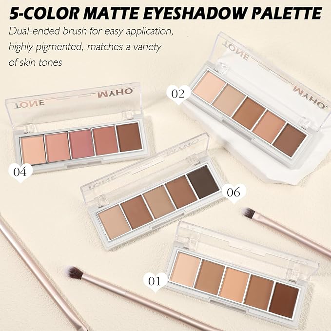 5 Colors Matte Eyeshadow Palette with Brush - Neutral Nude Brown Mauve Pink Eye Shadow Palette Makeup, Natural Waterproof Cool-Toned Eyeshadow for Green & Blue & Brown Eyes and Smokey Makeup, 04#