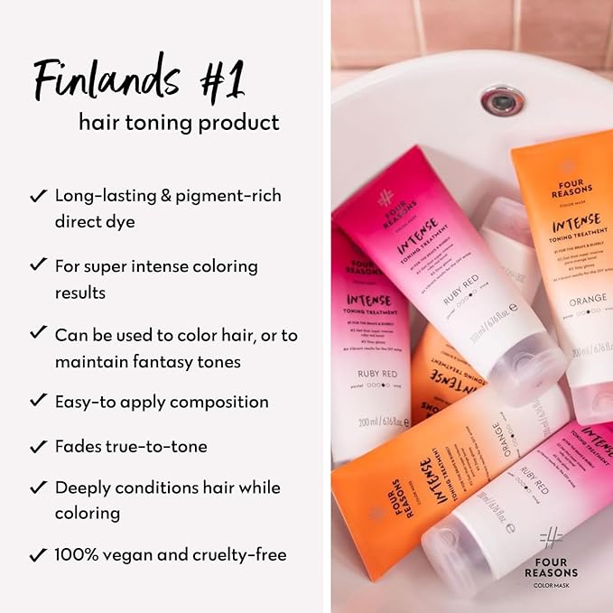 FOUR REASONS Color Mask INTENSE Ruby Red (27 shades) - Semi Permanent Red Hair Dye for Lightened and Colored Hair, - Intensive Toning Treatment, 100% Vegan Conditioner - Cruelty Free, 6.76 fl oz