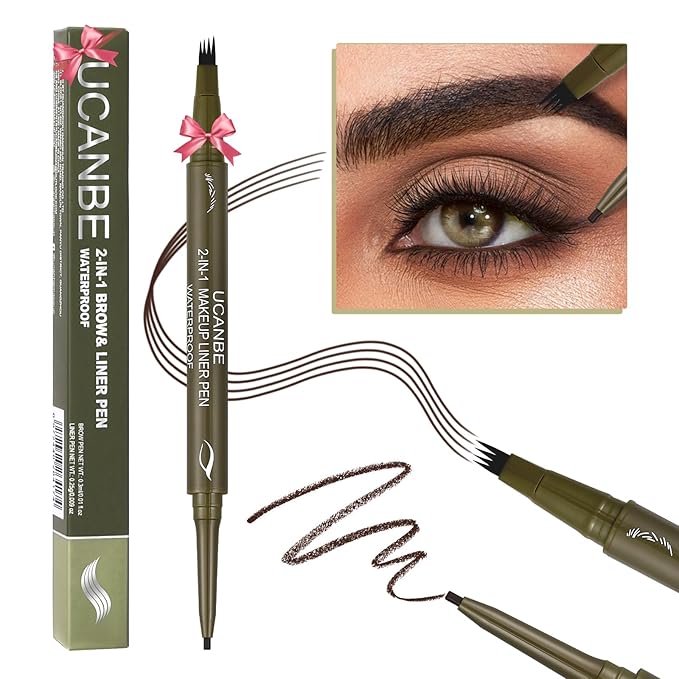 UCANBE Eyebrow Pen, Dual-Ended Eyebrow Pencil with 4-Fork-Tip & Gel Eyeliner for Women, Eye Brow Pen with Gel Eyeliner Pencil, Microblading Eyebrow Pencils with Hair Like Strokes, Classic Brown