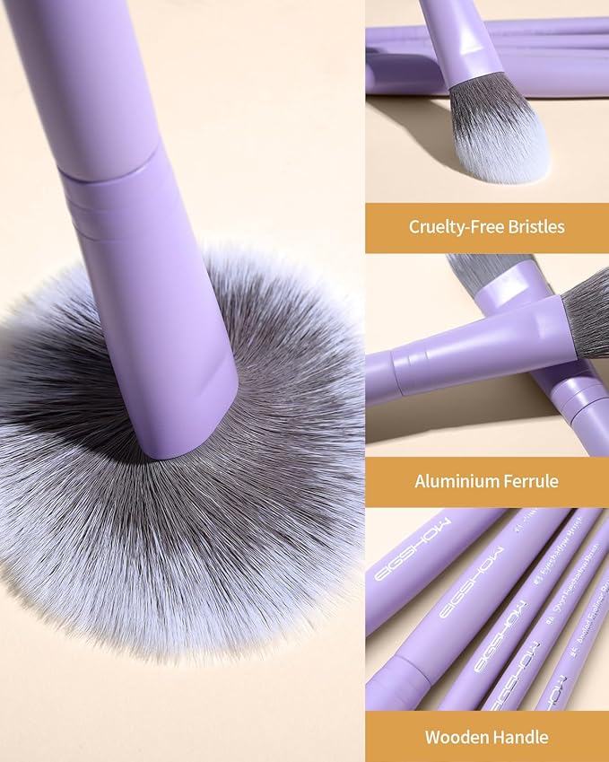 EIGSHOW Makeup Brush Set 5Pcs Basic Makeup Brushes for Powder Foundation Eyeshadow Eyeliner, Synthetic Silver Ion Bristles, Travel-Friendly, Vegan & Cruelty-Free (Matte Purple)