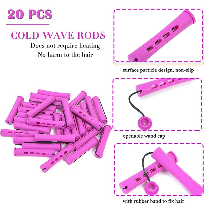 20pcs Purple Plastic Perm Rods Set for Natural Hair Cold Wave Rods Hair Curlers Rollers for Long Short Women's Hair DIY Hairdressing Tools