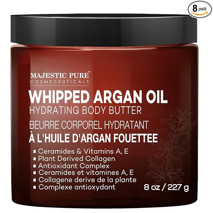 MAJESTIC PURE Whipped Argan Oil Body Butter for Women & Men - With Ceramides, Vitamin E & A & Vegan Collagen - For Skin, Face, & Appearance of Wrinkles & Fine Lines - 8oz