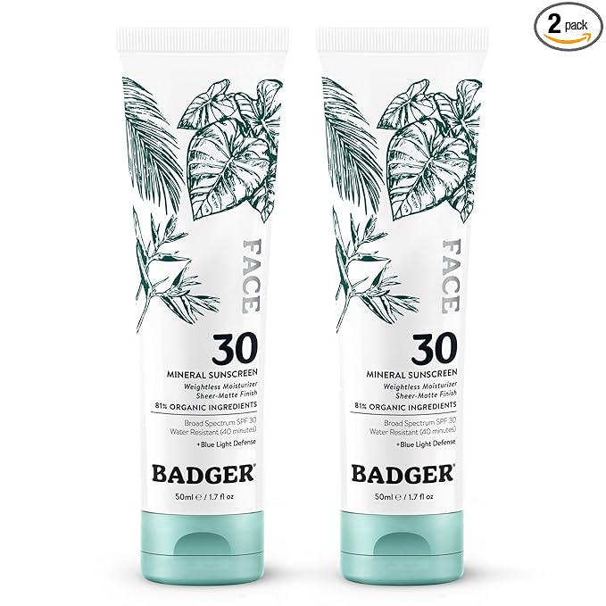 Badger Zinc Oxide Face Sunscreen SPF 30, Lightweight Mineral Sunscreen for Face, Matte Finish, No White Cast, Vegan, Water Resistant, Unscented, Mineral Sunblock Facial Lotion, 1.7 fl oz, 2-Pack