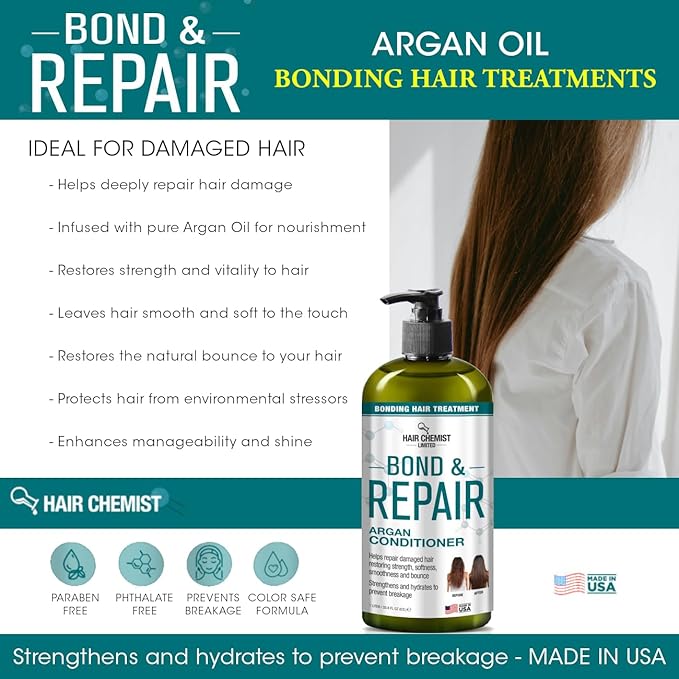 Hair Chemist Bond & Repair Bonding Hair Treatment Argan Conditioner for Damaged Hair 33.8 oz. | Bonding Conditioner for Damaged Hair | Repairing Hair Bond Conditioner | Color Safe & Paraben Free