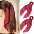 Pack of 2 Knotted Bow Hair Scrunchies Elastic Hair Scarf Hair Ties Bands Satin Hair Ribbon Scrunchy Red Ponytail Holder for Women and Girls, Hair Scarf Scrunchies, Hair Accessories (Burgundy)