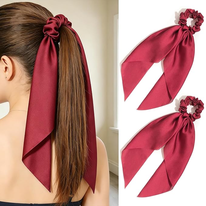 Pack of 2 Knotted Bow Hair Scrunchies Elastic Hair Scarf Hair Ties Bands Satin Hair Ribbon Scrunchy Red Ponytail Holder for Women and Girls, Hair Scarf Scrunchies, Hair Accessories (Burgundy)