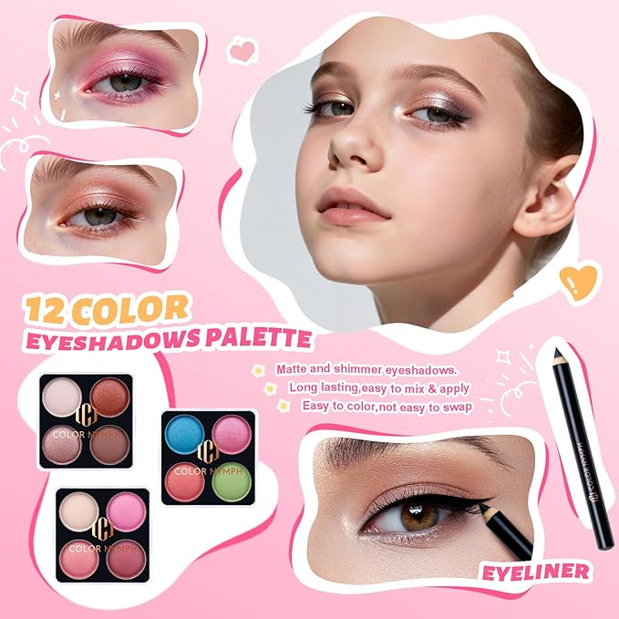 Color Nymph Girls Makeup Kit For Teens Girls | All In One Makeup Set with Lockable Storage Box, Built-in Mirror, Eyeshadow, Blush, Contour, Highlighter, Lipgloss, Lipliner, Eyeliner, Lip Balm
