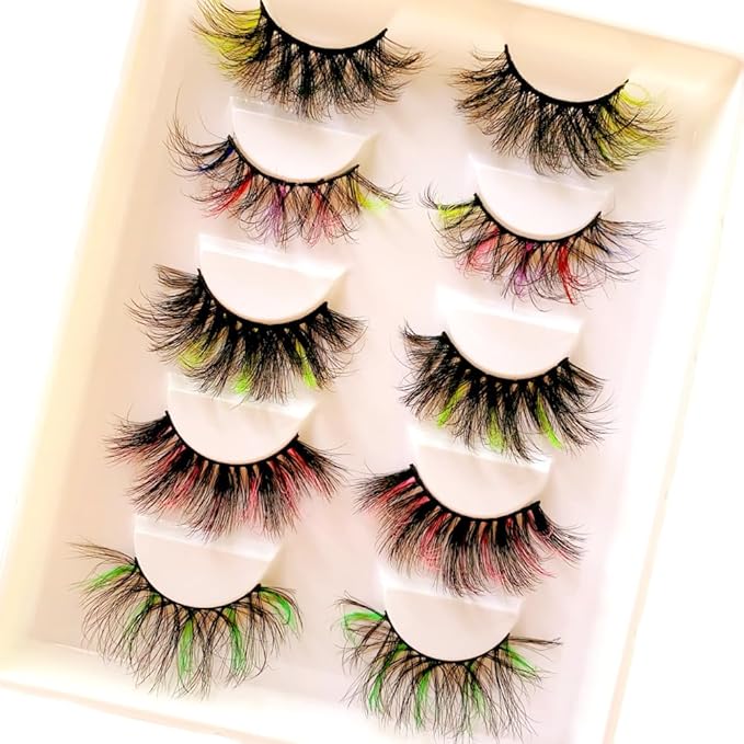 Sunniess 5 Pairs 25mm Lashes,10D Colored False Eyelashes, Makeup Fluffy Wispy Volume Dramatic Faux Mink Eyelashes for Halloween Christmas Cosplay Party Stage