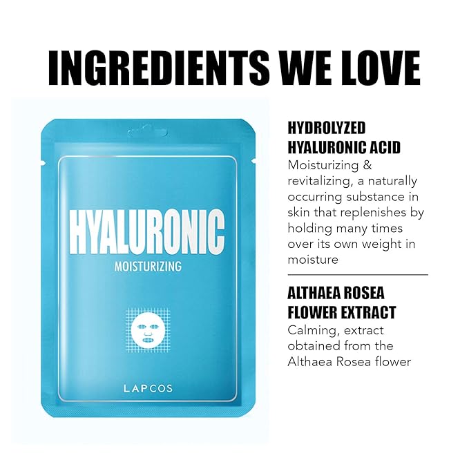 LAPCOS Derma Hyaluronic Acid Sheet Mask - Moisturizing & Hydrating Face Mask with Althaea Flower Extract for Dull, Dry Skin - Breathable, Lightweight TMF-Cell Sheet - Korean Skin Care (Pack of 5)
