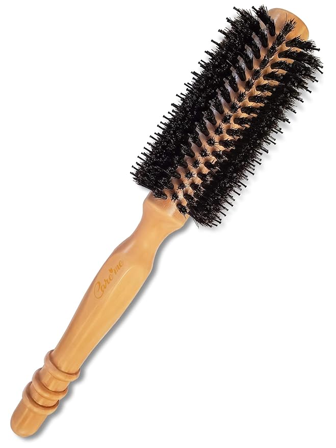 High-Density Soft Boar Bristles Wood Blow-dry Round Hairbrush - Curl, Style Bangs or Short Fine or Normal Hair (Cheek to Shoulder-Length) for Salon Blowouts & Shine, Small 1" Roller, 2" with Bristles