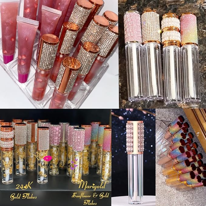 AMORIX 72pcs 5ml Diamond Lip Gloss Tubes With Wand - Empty Rhinestone Containers, Crystal Bottles, Supplies Kit - 4 Syringes + Labels for DIY Base