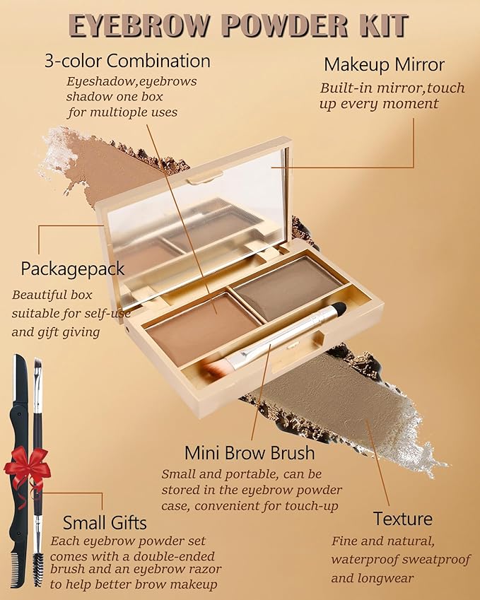 Eyebrow Powder Kit-2 Color Tinted Eye Brow Powder Palette,Longlasting Waterproof Black White Brow Filler, Eyebrow Contour Brighten Eye Makeup Palette for Women with Mirror Brow Brush & Razor-Set 01
