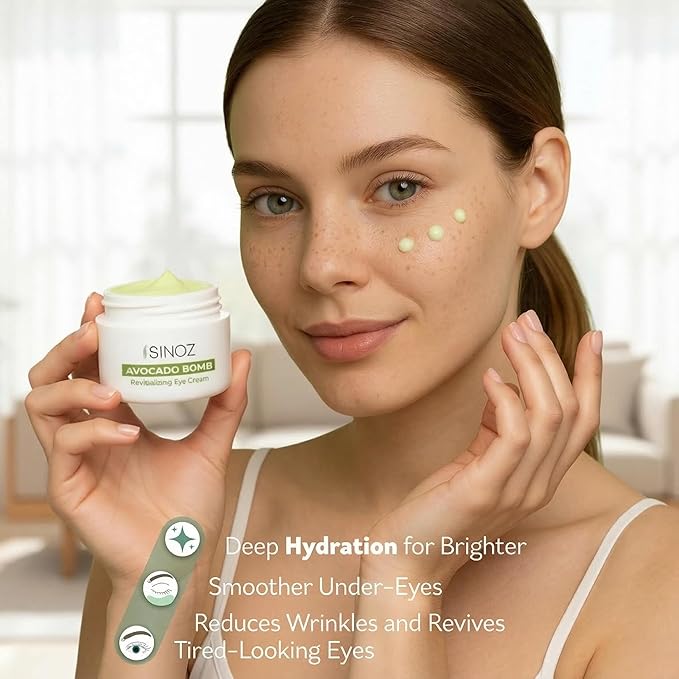 sinoz Hydrating Eye Cream with Avocado Oil, Caffeine & Peptides, 15 ml - Avocado Eye Cream, Dark Circles Eye Cream for Puffiness & Dry Under Eyes, Day and Night Skincare for Women