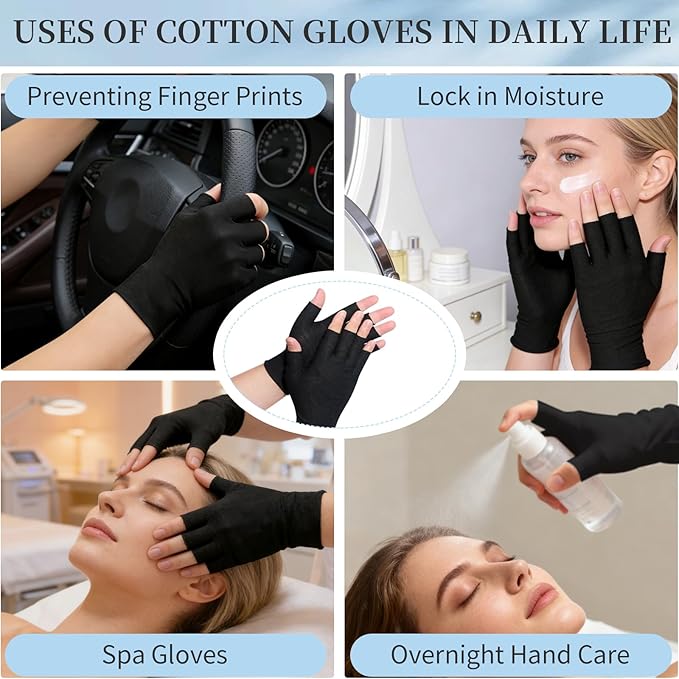 3 Pairs of Fingerless Cotton Gloves 100% Black Cotton Moisturizing Gloves for Dry Hands Cut 5 Fingertips Overnight Hydration Touchscreen-Friendly Gloves for Women & Men