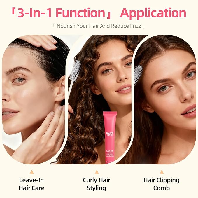 BAISEN DIARY 2 Pack Hair Cactus Fruit 3-in-1 Hair Styling Cream & Flyaway Taming Wand – Sleek Finish, Frizz Control, Edge Smoothing & Hair Shine | Natural Oils Formula | Lightweight, Non-Greasy