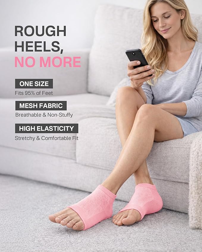 Moisturizing Socks, 100% Cotton Heel Socks for Dry Cracked Feet Women, Cracked Heel Treatment Silicone Heel Socks, Breathable Hydrating Gel Heel Protectors for Repair, Spa & Daily Use, 2 Pairs, Pink