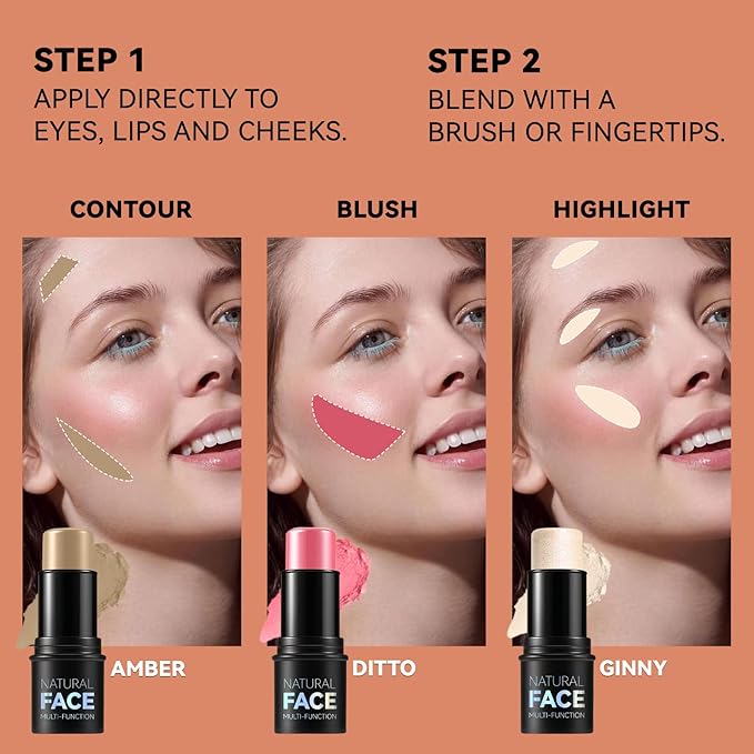 3Pcs Cream Contour Stick Makeup Kit, Shades with Highlighter, Blush and Bronzer Contour Stick for Sculpt the Cheeks, Long Lasting, Waterproof, Matte & Dewy Finish (E)