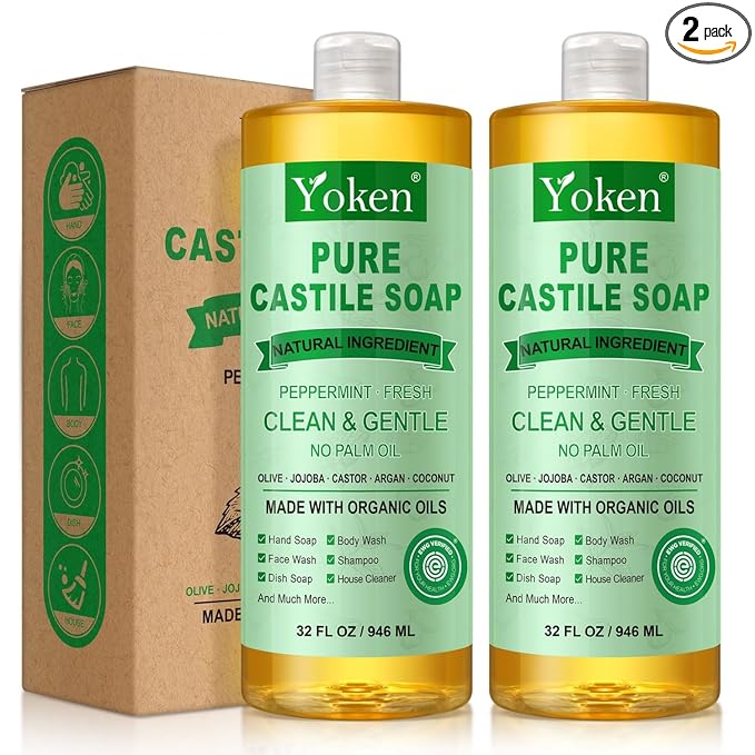 Yoken Peppermint Castile Soap Liquid (EWG Verified, 2pack 32 OZ) Made with Certified Organic Oils, Gentle Peppermint Soap for Body Wash, Face, Dishes, Laundry & More, Vegan Natural Versatile Cleanser