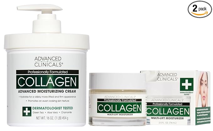 Advanced Clinicals Collagen Cream W/Hyaluronic Acid Face Moisturizer + Collagen Body Cream 2pc Skincare Set For Women & Men To Reduce Appearance Of Wrinkles, Fine Lines, & Uneven Skin Tone, 2pc Set