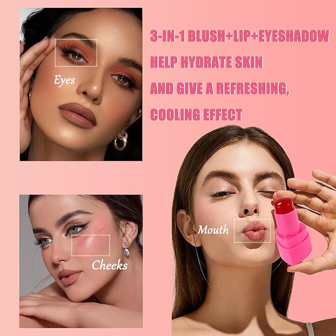 3-In-1 Multi-Use Blush Cream Blush Stick for Eyes, Cheeks & Lips, Hydrating & Bouncy Jelly Texture, Blends Perfect, Long Lasting Waterproof (05, s)