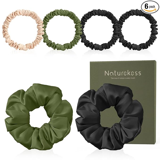 6PCS 100% Mulberry Silk Scrunchies Set, 2 Large and 4 Thin Silk Hair Ties for Women, No Damage Hair Accessories (Black, Olive Green, L)