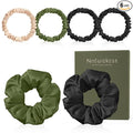 6PCS 100% Mulberry Silk Scrunchies Set, 2 Large and 4 Thin Silk Hair Ties for Women, No Damage Hair Accessories (Black, Olive Green, L)