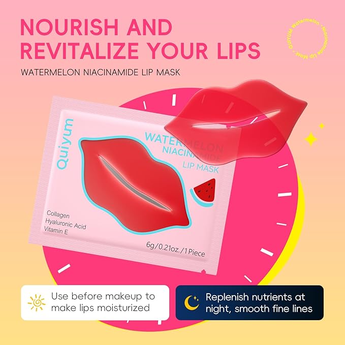 QUIYUM Watermelon Niacinamide Lip & Eye Mask Set - Hydrating Collagen Lip Masks + Eye Pads, Nourishing Skincare for Lips & Eyes (12 Packs)