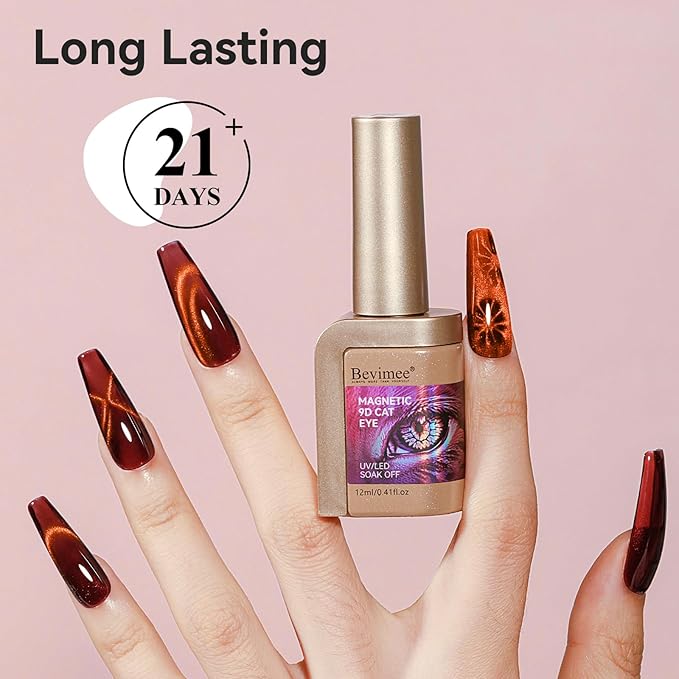 Red Gel Nail Polish, Magnetic Smooth Cat Eye Nail Polish Red Brown Color Shimmer UV Glitter Holographic Cateye Gel Polish with Magnet Manicure Salon DIY at Home