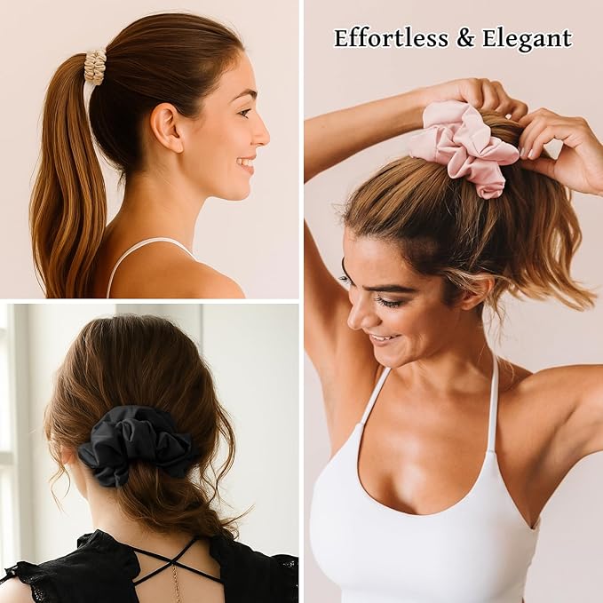 6PCS 100% Mulberry Silk Scrunchies Set, 2 Large and 4 Thin Silk Hair Ties for Women, No Damage Hair Accessories, Black Pink Champagne