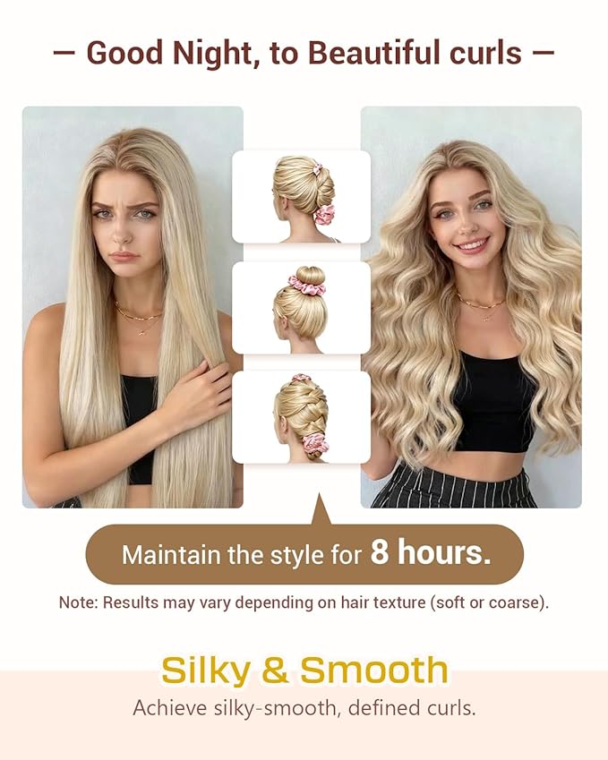 BONNET QUEEN Satin Heatless Hair Curler, Overnight Curls for Long Hair, Ultra Soft Daily Use of Hair Accessories & 2 Scrunchies, Damage-Free Styling, Soft Hair Curlers for Overnight, Pink