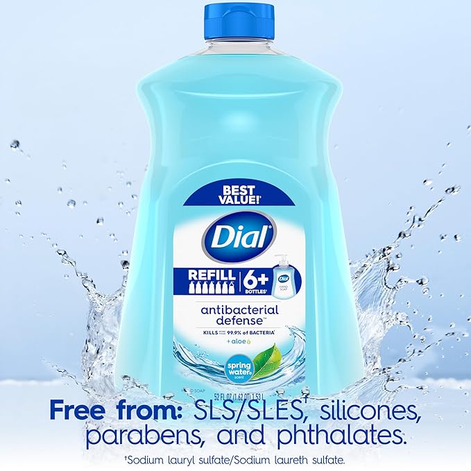 Dial Antibacterial Defense Liquid Hand Soap + Aloe, Spring Water Scent, 52 Fl Oz Hand Soap Refill (Pack of 3), Dermatologist-Tested, Gentle Formula