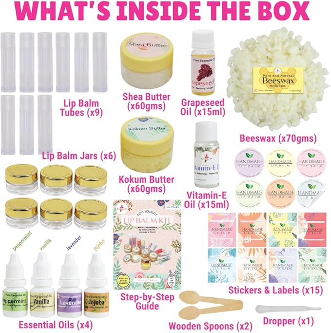 Kalakaram DIY Lip Balm Making Kit - Make 15 Lip Balms with Shea & Kukum Butter, Beeswax, Vitamin E Oil, Grapeseed & Essential Oils, DIY Activity Kit for Kids & Craft Kit for Girls 9-12