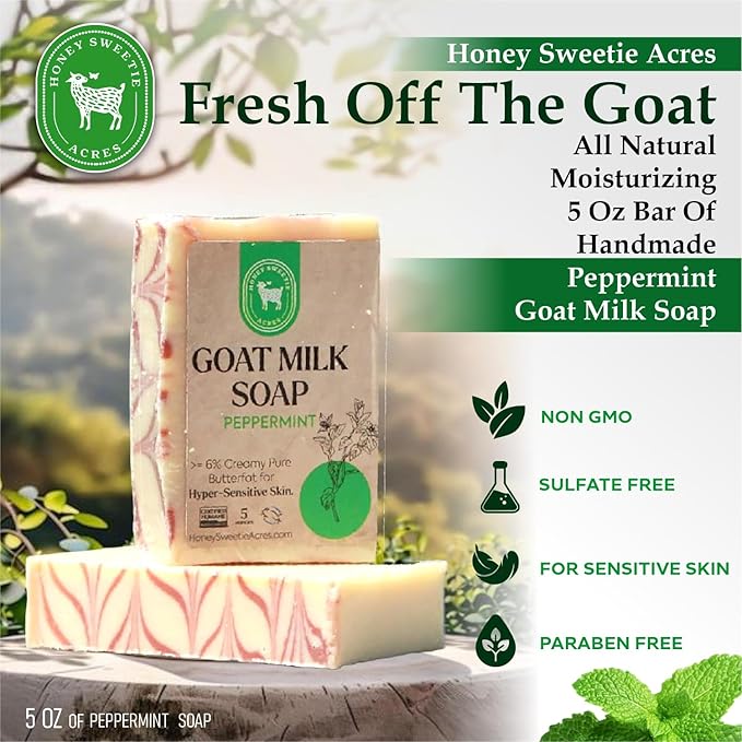 Honey Sweetie Acres 2-Pack Peppermint Goat Milk Soap - Handmade 5 oz Bar, Made with Natural Ingredients, Moisturizing & Gentle, Made in the USA