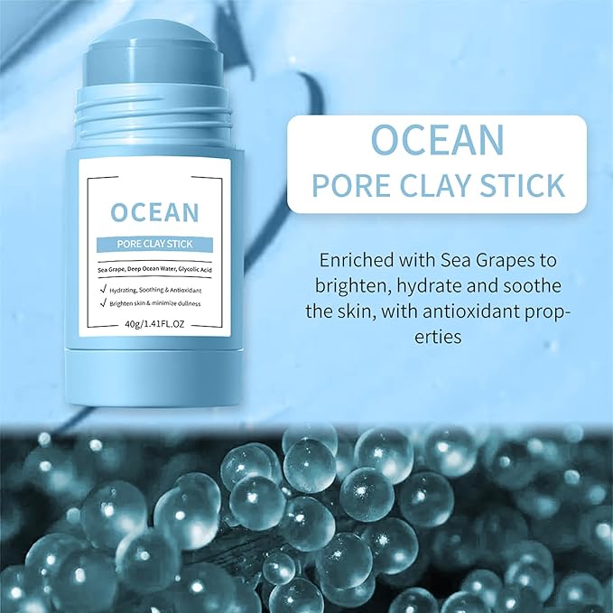 Clay Mask Stick, Deep pore Cleansing, Exfoliator Blackhead Remover Pore Cleanser Gentle Exfoliation Skin Brightening, Hydrating & Moisturizing Face Mud Mask for All Skin Types, Men & Women (Blue)
