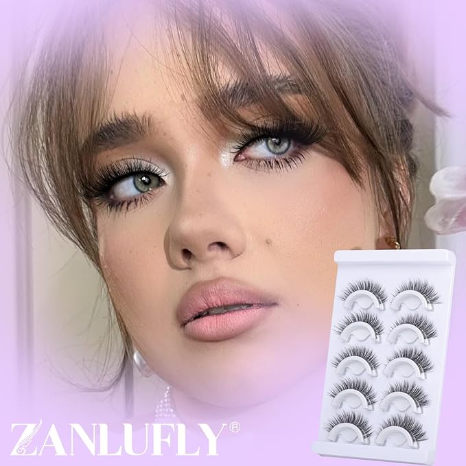 Natural Self Adhesive Eyelashes Wispy Self Adhesive Lashes 3D No Glue Lashes Reusable Cat Eye Lash Faux Mink Eyelashes 5 Pairs by ZANLUFLY