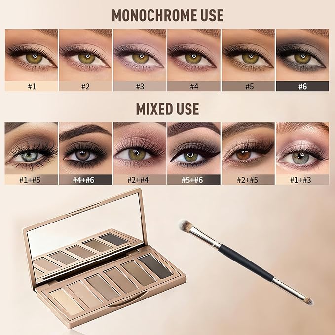 6 Matte Neutral Mini Eyeshadow Palette with Brush - Ultra Blendable Cool-Tone Nude Smokey Eye Shadow Palette, Long-lasting Wear Smooth Texture