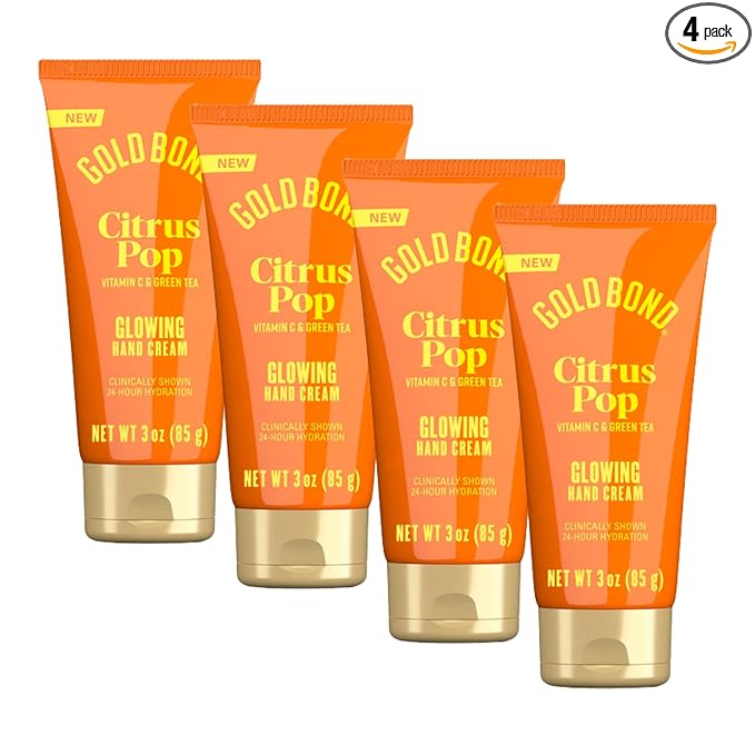 Gold Bond Citrus Pop Glowing Hand Cream Set with Vitamin C to Help Visibly Brighten and Green Tea to Help Protect Skin from Environmental Stressors, Vibrant Citrus Pop Scent, 3 oz, 4 pk
