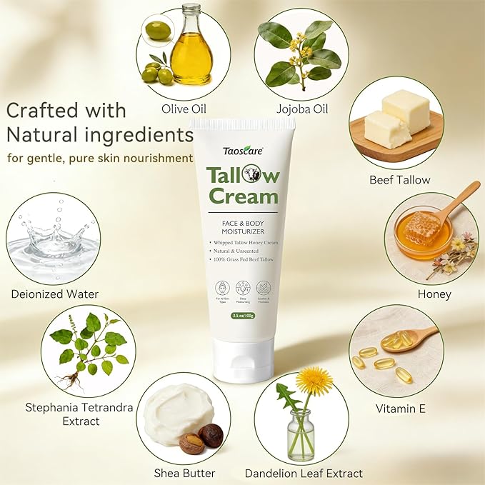 Beef Tallow for Skin, 100% Grass-Fed Whipped Tallow Balm Tube Organic Moisturizer for Face & Body Deep Hydration for Dry & Sensitive Skin Natural Tallow Cream
