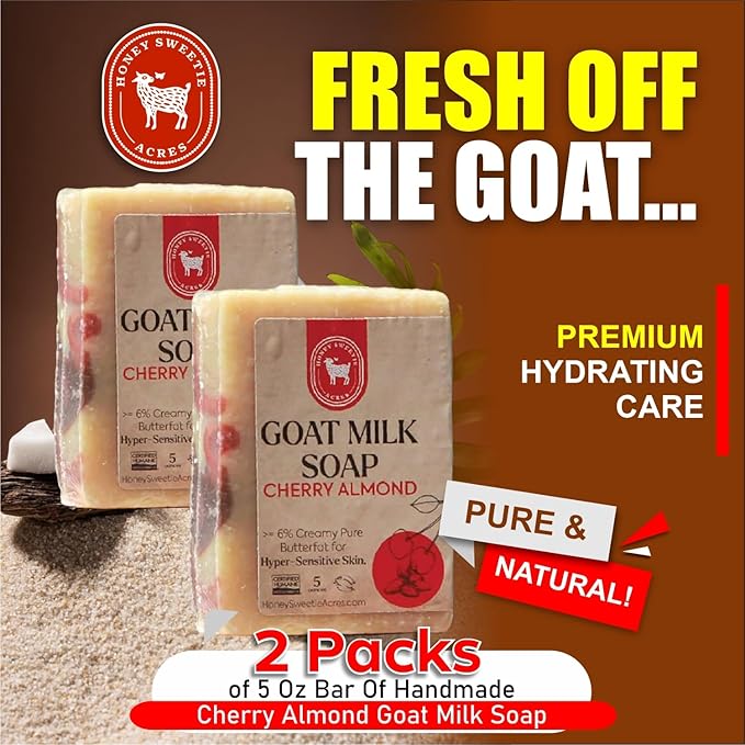 Honey Sweetie Acres 2-Pack of Cherry Almond Goat Milk Soap - Handmade 5 oz Bar, Made with Natural Ingredients, Moisturizing & Gentle, Made in the USA