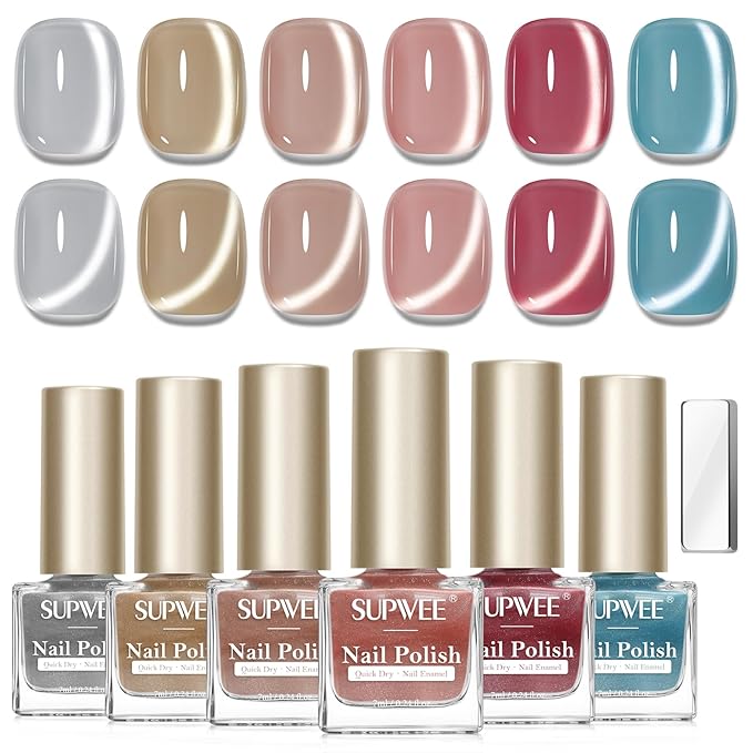 Cat Eye Nail Polish Non Gel, Quick Dry Magnetic Nail Polish Set with Magnet, Candy Cateye Nail Lacquer High Glossy DIY Salon Gift for Women Girl