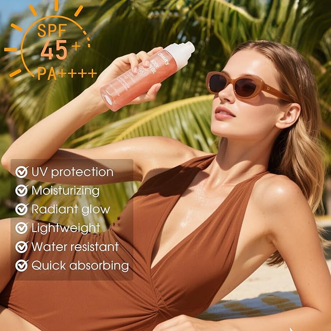 Body Glow Oil, SPF45 Sunscreen Body Oil Shimmer Moisturizing with Coconut Oil Nourishing Glowing Skin, Body Shimmering Oils for Face & Body, Lightweight, Non-Greasy