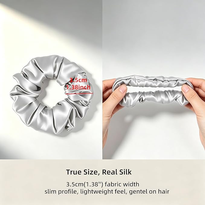 ZLYC 100% Mulberry Silk Scrunchie 19 Momme Gentle Creaseless Hair Tie for Women Dent-Free Ponytail Holder, 3.5cm Solid Sliver