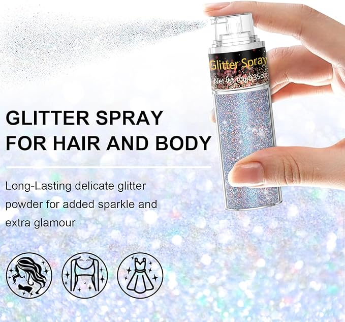 Hair and Body Glitter Spray, 1PC Glint-Rainbow Glitter Hairspray Dry Powder Makeup for Clothes, Festival Rave Loose Sparkle Powder,Holographic Ultra Fine Glitters for 4th of July Accessories
