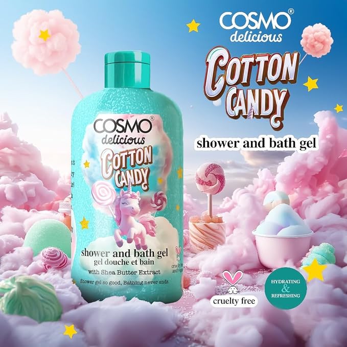 Cosmo Delicious Cotton Candy With Aloe Vera Shower & Bath Gel 350ml, Hydrating & Refreshing Body Wash, Sweet Cotton Candy Fragrance, Dead Skin Removal, Body Cleanser, Shower Gel For Women & Men