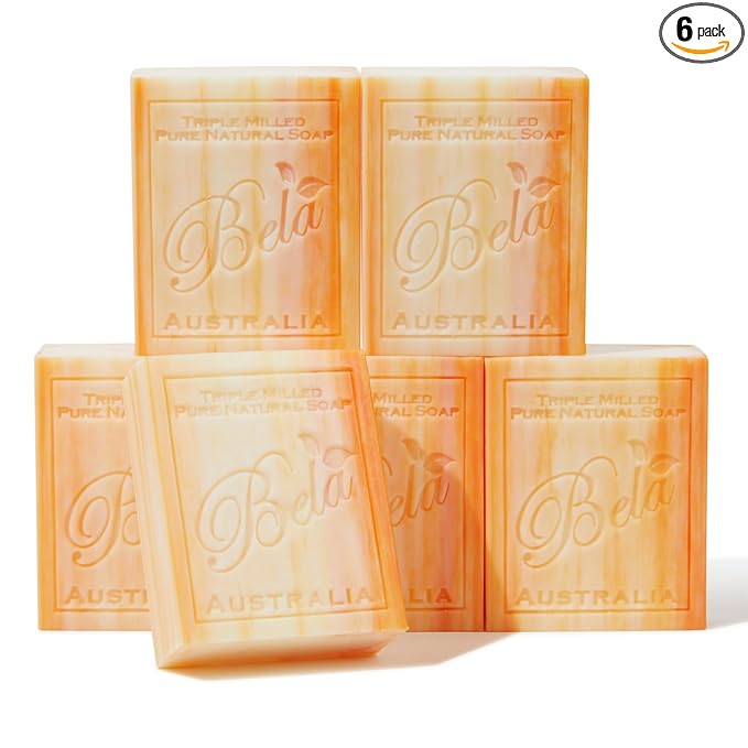 BELA Orange Zest Soap Bars 3.3 OZ Pack of 6, French Triple Milled Bar Soap with Organic Shea Butter Soap Bar for All Skin Types Long Lasting, Made in Australia