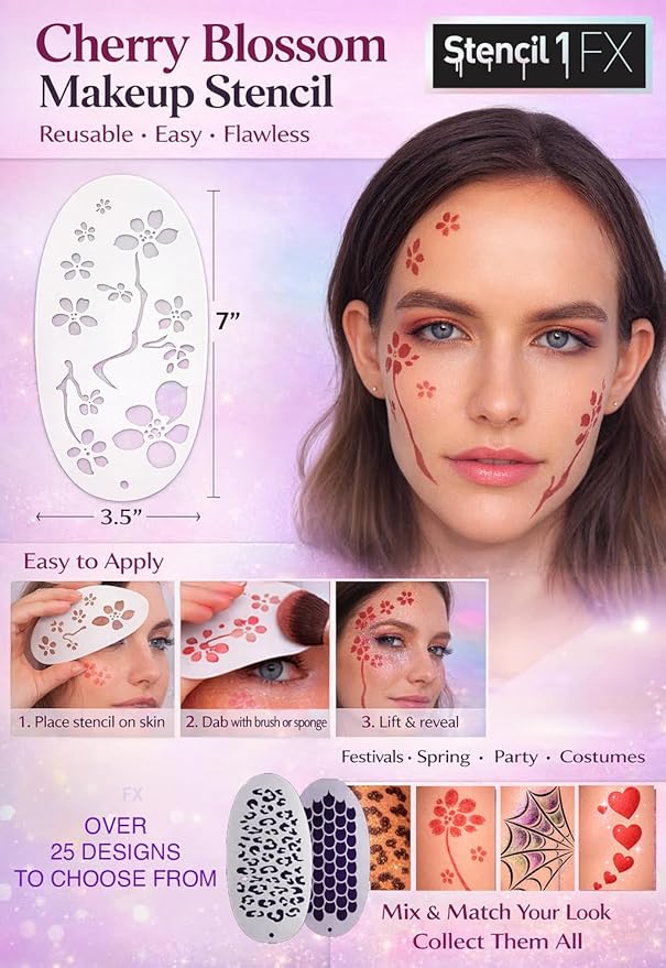 Stencil1FX - Cherry Blossom Eye Makeup Stencil - Fairy Renaissance Elven Princess - for Costumes, Dress Up, Halloween, Cosplay, Face Painting, Raves, Festivals, Parades, Parties