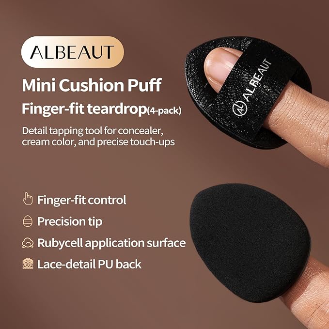 ALBEAUT Mini Cushion Puff, 4PCS Finger-Fit Teardrop Makeup Applicator for Concealer, Cream Blush & Highlighter, Precision Detail Puff for Under Eye & Nose